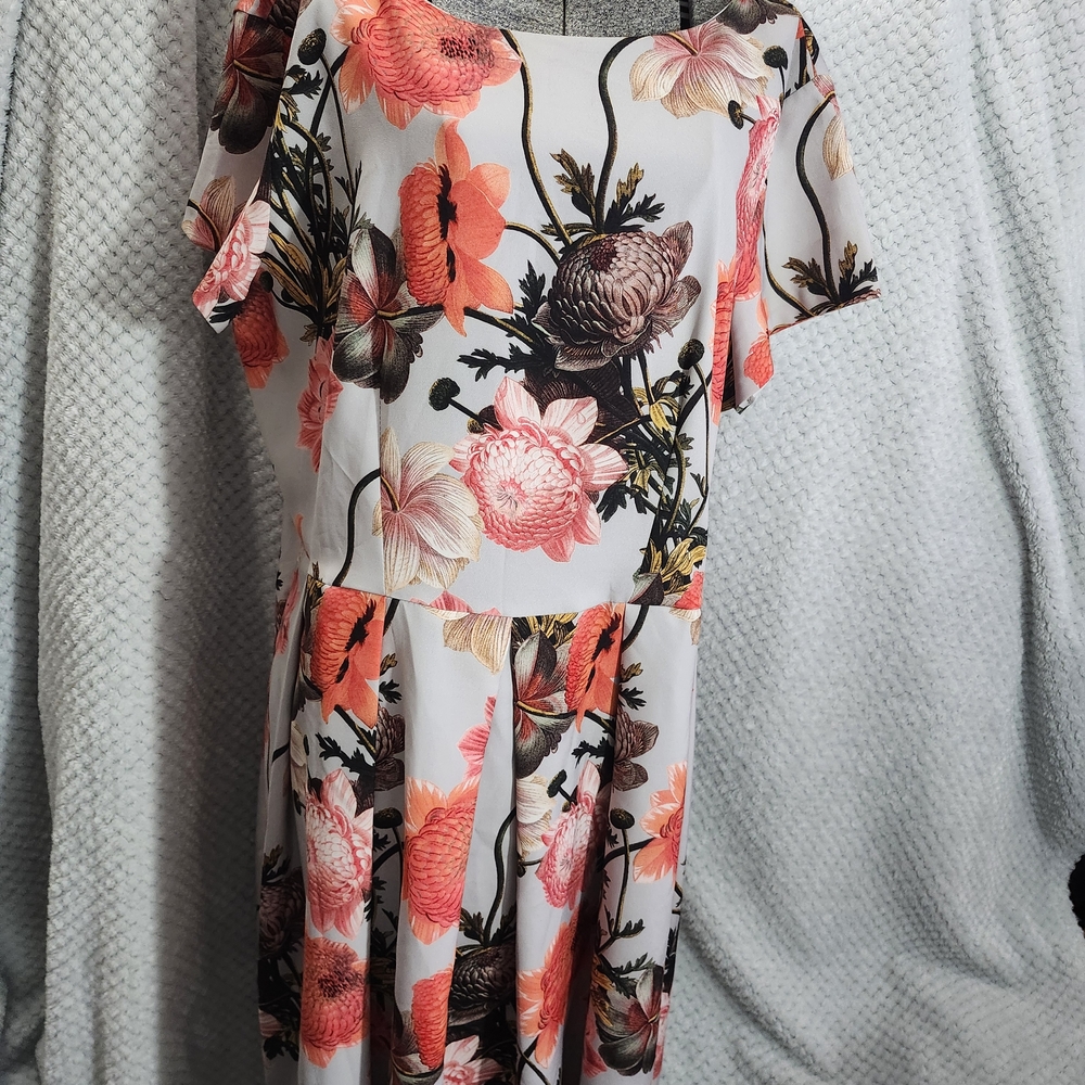 Closet Women's Dress with Coral and Brown Floral Design